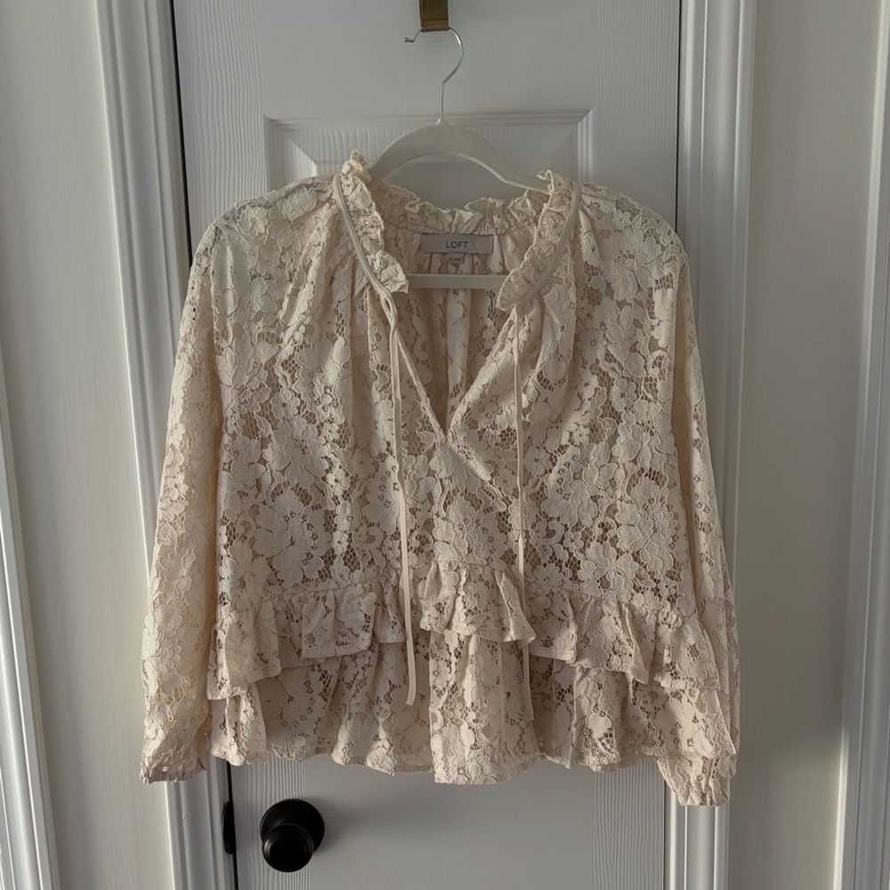 LOFT Ivory Lace Ruffle Tie-Front Blouse